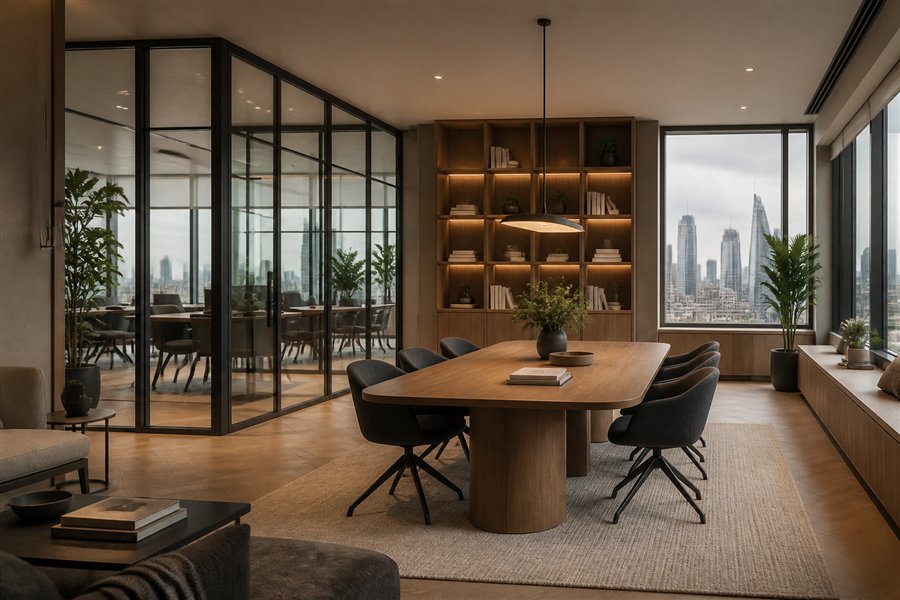 Contemporary advisory office with a meeting table and city views
